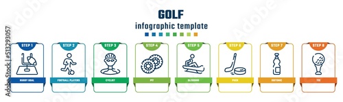 golf concept infographic design template. included rugby goal, football players, cyclist, pit, sledding, puck, isotonic, tee icons and 8 options or steps.