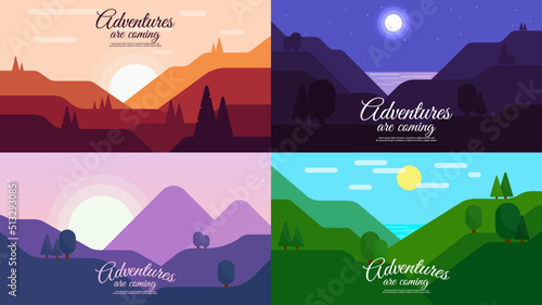 Vector illustration. Set of landscapes. Morning, day, evening and night. Design for poster, banner, greeting or touristic card. 