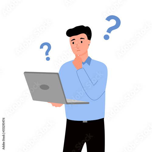 Businessman working with laptop computer thinking of business problem and solution.