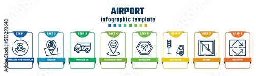 airport concept infographic design template. included biohazard risk triangular, taxi stop, minivan taxi, placeholder point, bifurcation, car traffic, no turn, reflective icons and 8 options or