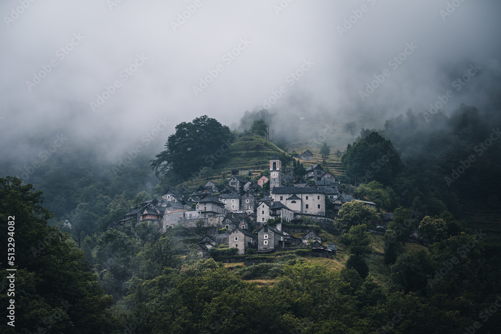 Ancient village of Corippo situated near Lavertezzo on a hill surrounded by forest and mountains in Canton Ticino, Switzerland.