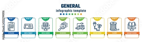 general concept infographic design template. included hr policies, digital product, digital banking, hr services, electro car, biomass energy, filament, distance learning icons and 8 options or