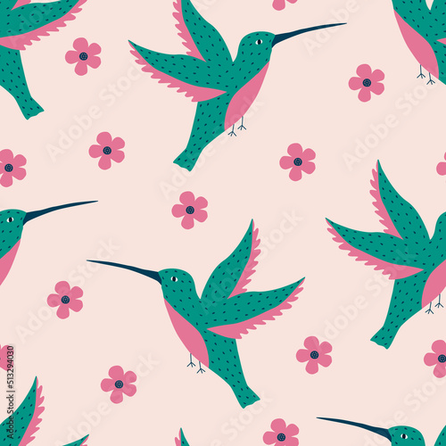 Hummingbirds and flowers hand drawn vector illustration. Adorable tropical bird and blossom garden seamless pattern for fabric or wallpaper.
