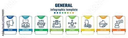 general concept infographic design template. included agitation, group opinion, ar app, ecommerce strategy, coordinate, impeachment, beauty care, chat bot icons and 8 options or steps.