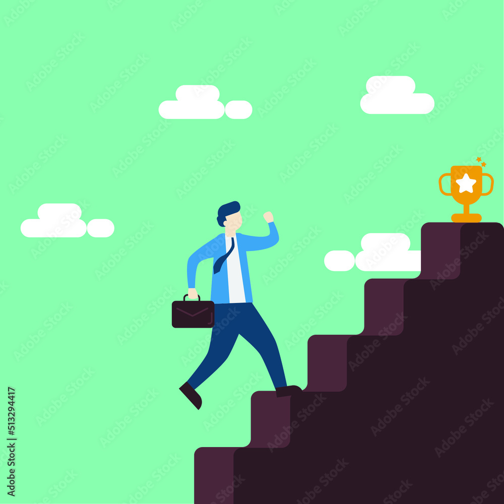 Businessman Climb Up The Stair Achieve Winning Trophy Businessman Climb Up The Stair Achieve Winning Trophy