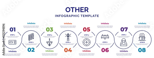 infographic template with icons and 8 options or steps. infographic for other concept. included idea business card, chandeliers, smeaton's tower, roulette table, branch bat, arab woman with hijab,