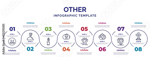 infographic template with icons and 8 options or steps. infographic for other concept. included scared smile, belly dance, pirate pumpkin, tombstone zombie hand, loto, zambie hand, tombstone with