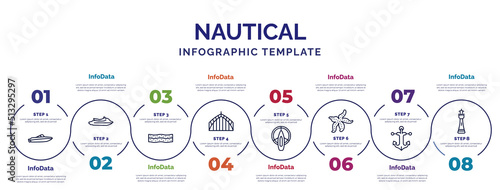 infographic template with icons and 8 options or steps. infographic for nautical concept. included speedboat, salt water, afterdeck, port and starboard, starfish with dots, marine, smeaton's tower