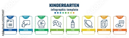 kindergarten concept infographic design template. included scores, educator, plasma ball, qa, feeder, saturn, juice box, booties icons and 8 options or steps.