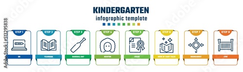 kindergarten concept infographic design template. included on, yearbook, baseball bat, newton, grade, book of fairy tales, roundabout, crib icons and 8 options or steps.