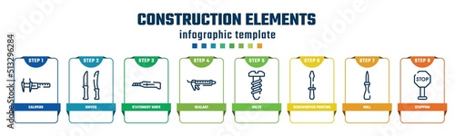 construction elements concept infographic design template. included calipers, knives, stationery knife, sealant, bolts, screwdriver pointing up, null, stopping icons and 8 options or steps.
