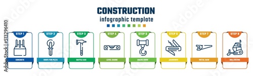 construction concept infographic design template. included concrete, knife for pizza, battle axe, level gauge, crane hook, jackknife, metal saw, bulldozing icons and 8 options or steps.