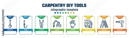 carpentry diy tools concept infographic design template. included long shovel, solder, clothespin, trucking, left glove, electric gauge, ladder open, perforator icons and 8 options or steps.