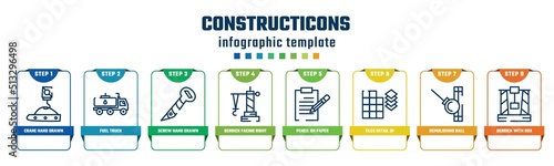 constructicons concept infographic design template. included crane hand drawn tool, fuel truck, screw hand drawn tool, derrick facing right, pencil on paper sheet, tiles detail of construction,