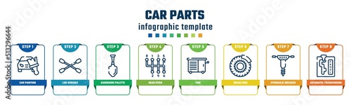 car parts concept infographic design template. included car painting, lug wrench, gardening palette, gear stick, vise, brake disc, hydraulic breaker, automatic transmission icons and 8 options or