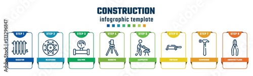 construction concept infographic design template. included radiator, beadwork, gas pipe, geodetic, carpenter, fretsaw, hammering, crimping pliers icons and 8 options or steps.