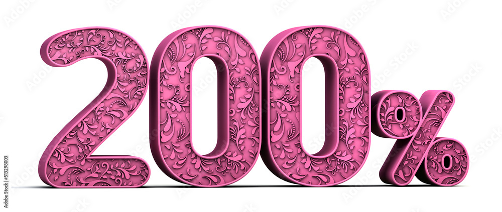 200% 3d floral number isolated on white background. Sale concept. 3d illustration. 200% 3d floral number isolated on white background. Sale concept. 3d illustration.