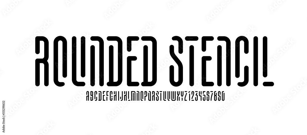 Stencil rounded font, long alphabet, letters and numbers, vector illustration 10EPS