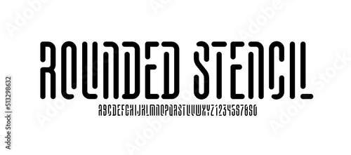 Stencil rounded font, long alphabet, letters and numbers, vector illustration 10EPS