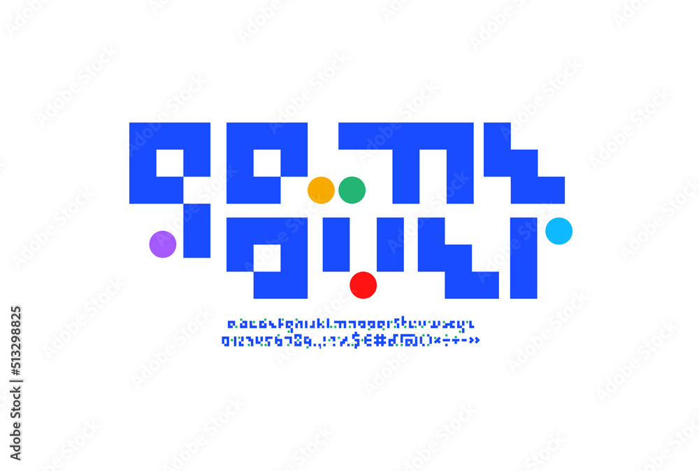 Display font, alphabet made in video game style, letters and numbers