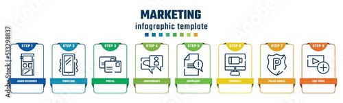 marketing concept infographic design template. included audio recorder, vibration, postal, anniversary, complaint, videocall, police shield, add video icons and 8 options or steps.