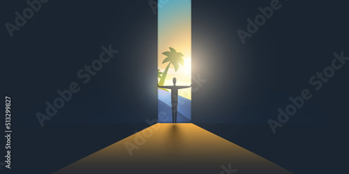 Let's Go Outside - Dark Room, Light Coming In Through an Open Gap Between Dark Walls or Curtains - New Possibilities, Hope, Overcome Problems, Solution Finding Concept, Background or Design Template