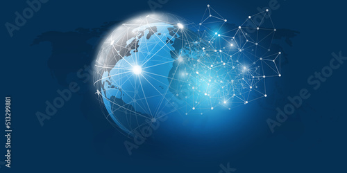 Dark Blue Cloud Computing and Networks Concept with Earth Globe and Glowing Nodes - Abstract Global Digital Connections, Future Networking Technology Background, Creative Design Template for Web