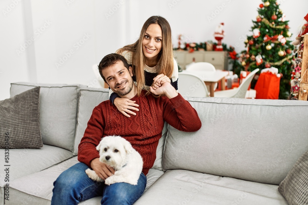Young hispanic couple smiling happy sitting on the sofa with dog at home. Young hispanic couple smiling happy sitting on the sofa with dog at home.