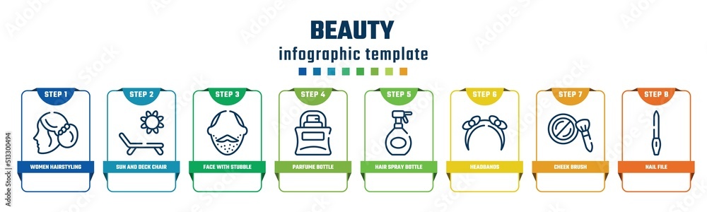 beauty concept infographic design template. included women hairstyling, sun and deck chair, face with stubble, parfume bottle, hair spray bottle, headbands, cheek brush, nail file icons and 8 beauty concept infographic design template. included women hairstyling, sun and deck chair, face with stubble, parfume bottle, hair spray bottle, headbands, cheek brush, nail file icons and 8