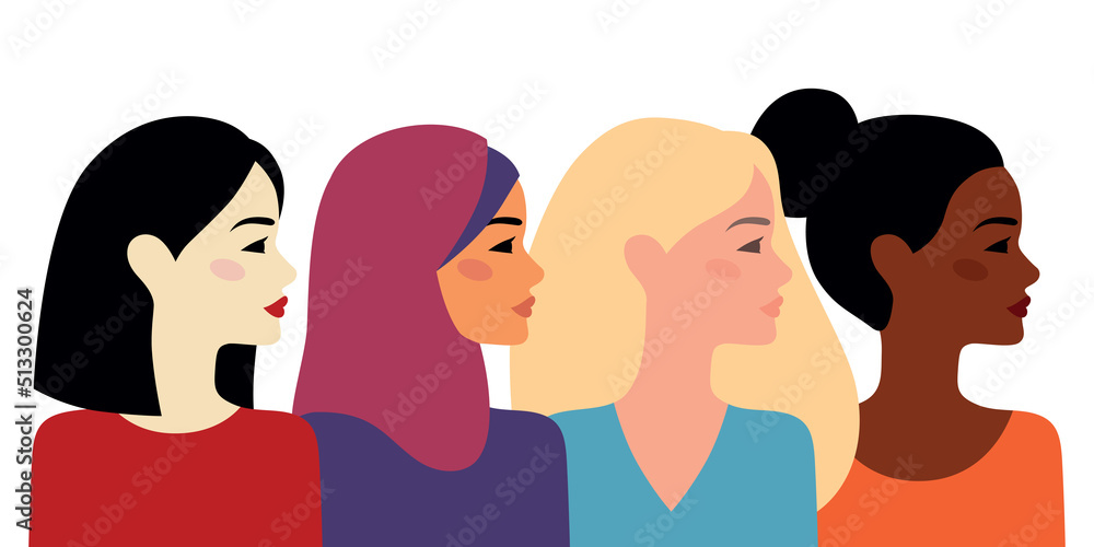 Multiethnic women group. Different ethnicity, beauty, hair and skin color. The concept of woman, femininity, diversity, independence and equality. International Women's Day. Vector illustration. Multiethnic women group. Different ethnicity, beauty, hair and skin color. The concept of woman, femininity, diversity, independence and equality. International Women's Day. Vector illustration.