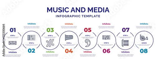 infographic template with icons and 8 options or steps. infographic for music and media concept. included synthesizer, simile, marimba, breath mark, quaver, bracket, french horn icons.