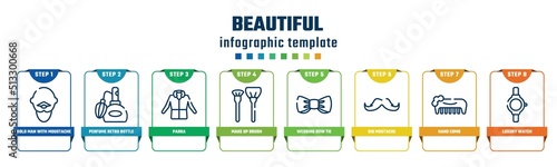 beautiful concept infographic design template. included bold man with moustache, perfume retro bottle, parka, make up brush, wedding bow tie, big mustache, hand comb, luxury watch icons and 8
