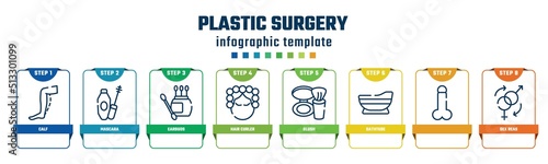plastic surgery concept infographic design template. included calf, mascara, earbuds, hair curler, blush, bathtube, , sex reas icons and 8 options or steps.