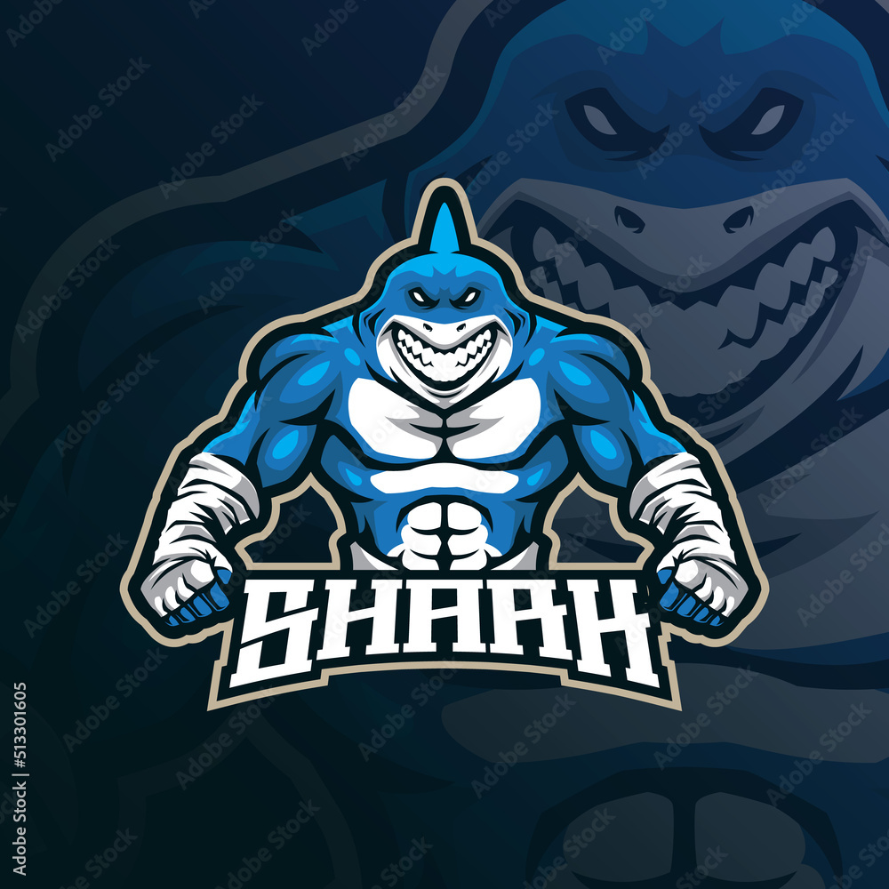 Shark mascot logo design vector with modern illustration concept style for badge, emblem and t shirt printing. Angry shark illustration for sport and esport team. Shark mascot logo design vector with modern illustration concept style for badge, emblem and t shirt printing. Angry shark illustration for sport and esport team.