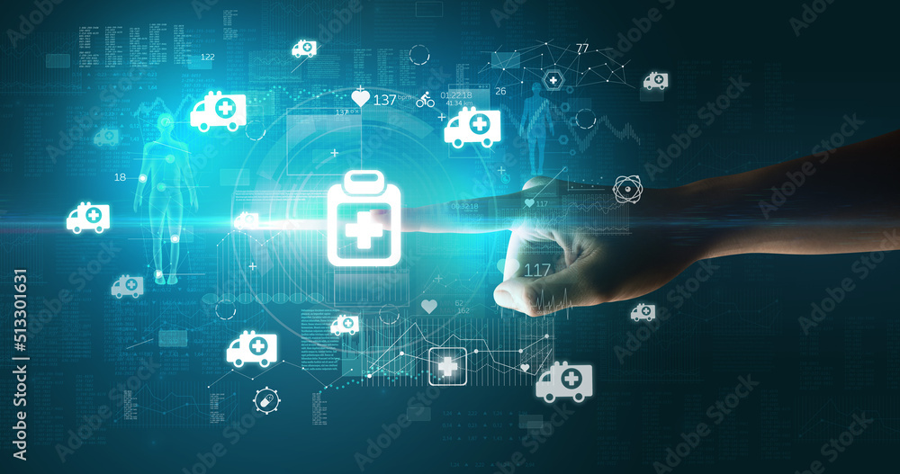 Fototapeta premium Doctor hand pressing futuristic health device with medical symbol on screen