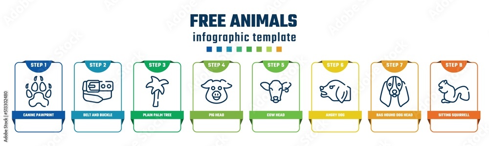 Fototapeta premium free animals concept infographic design template. included canine pawprint, belt and buckle, plain palm tree, pig head, cow head, angry dog, bas hound dog head, sitting squirrell icons and 8 options