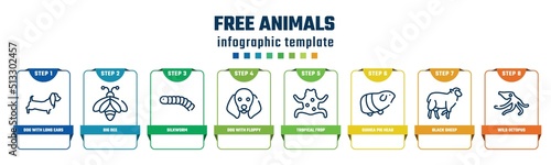 free animals concept infographic design template. included dog with long ears, big bee, silkworm, dog with floppy ears, tropical frop, guinea pig heag, black sheep, wild octopus icons and 8 options