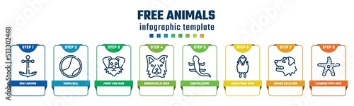 free animals concept infographic design template. included boat anchor, tennis ball, funny dog head, border collie head, curved lizard, sheep front view, border collie dog head, starfish with dots