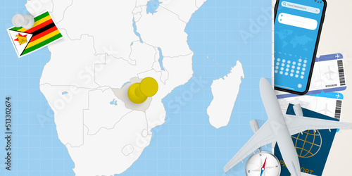 Travel to Zimbabwe concept, map with pin on map of Zimbabwe. Vacation preparation map, flag, passport and tickets.