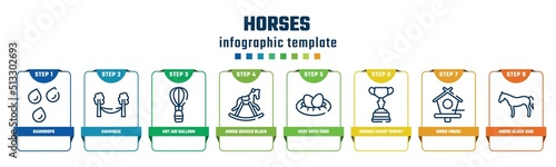 horses concept infographic design template. included raindrops, hammock, hot air balloon, horse rocker black, nest with eggs, horses races trophy, birds house, horse black side shape icons and 8