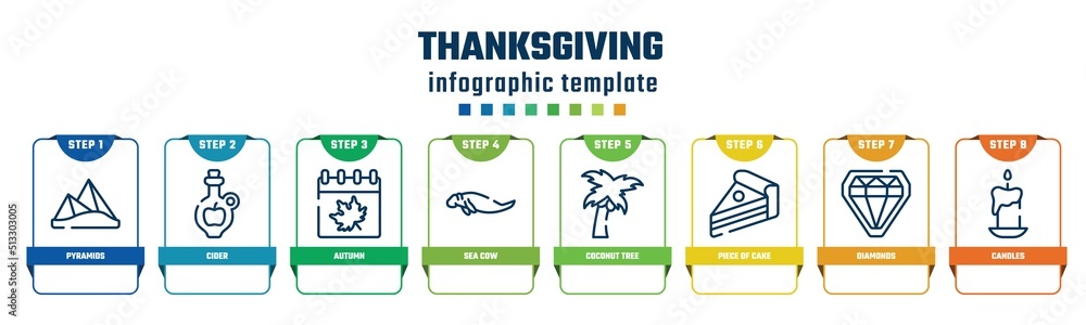 thanksgiving concept infographic design template. included pyramids, cider, autumn, sea cow, coconut tree, piece of cake, diamonds, candles icons and 8 options or steps. thanksgiving concept infographic design template. included pyramids, cider, autumn, sea cow, coconut tree, piece of cake, diamonds, candles icons and 8 options or steps.