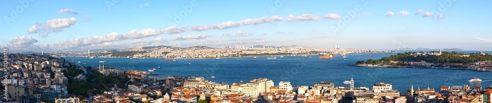 Istanbul Panoramic View from Galata tower to Golden Horn, Turkey. Ancient Istanbul with historical landmarks and Marmara sea.