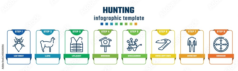 hunting concept infographic design template. included leaf insect, llama, lifejacket, birdhouse, wheelbarrow, swiss army knife, diving suit, crosshair icons and 8 options or steps. hunting concept infographic design template. included leaf insect, llama, lifejacket, birdhouse, wheelbarrow, swiss army knife, diving suit, crosshair icons and 8 options or steps.
