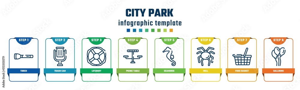 city park concept infographic design template. included torch, trash can, lifebuoy, picnic table, seahorse, null, food basket, balloons icons and 8 options or steps. city park concept infographic design template. included torch, trash can, lifebuoy, picnic table, seahorse, null, food basket, balloons icons and 8 options or steps.