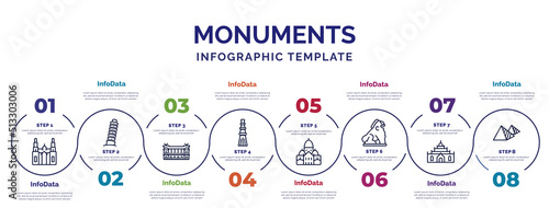 infographic template with icons and 8 options or steps. infographic for monuments concept. included cathedral, palais garnier, qutb minar in new delhi, , imperial guardian lion, thatbyinnyu temple,