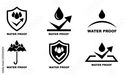 Waterproof icons vector set on white background. Protection from water sign. Liquid protection icons. Impermeable properties material. Resistant from water. 