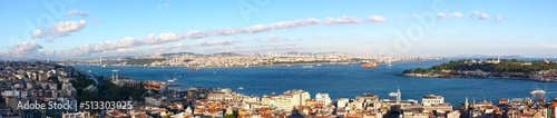 Fototapeta Naklejka Na Ścianę i Meble -  Istanbul Panoramic View from Galata tower to Golden Horn, Turkey. Ancient Istanbul with historical landmarks and Marmara sea.