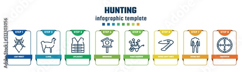 hunting concept infographic design template. included leaf insect, llama, lifejacket, birdhouse, wheelbarrow, swiss army knife, diving suit, crosshair icons and 8 options or steps.