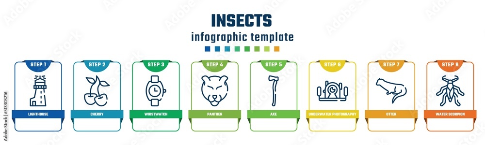 insects concept infographic design template. included lighthouse, cherry, wristwatch, panther, axe, underwater photography, otter, water scorpion icons and 8 options or steps. insects concept infographic design template. included lighthouse, cherry, wristwatch, panther, axe, underwater photography, otter, water scorpion icons and 8 options or steps.