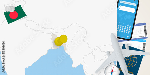 Travel to Bangladesh concept, map with pin on map of Bangladesh. Vacation preparation map, flag, passport and tickets.
